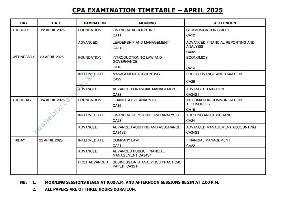 CPA Timetable April 2025